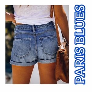PARIS BLUES DENIM STRETCH BUTTON POCKETS LOGO SHORTS WOMENS